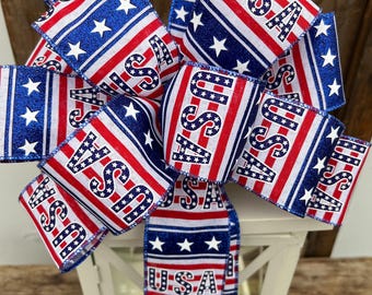 USA Patriotic Bow, American Flag wreath bow, Memorial Day lantern bow, Stars and Stripes bow, July fourth Bow, USA Bow