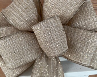 Gold natural Christmas bow, natural woodlands bow, farmhouse natural Christmas bow, linen bow, gold Lantern bow