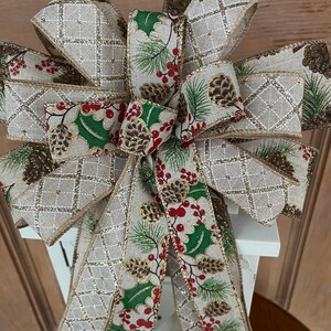 Christmas Bow, Gold bow, natural pine cones and holly Bow, gold wreath bow, Christmas gold lantern bow, pine branches and pine cones bow,