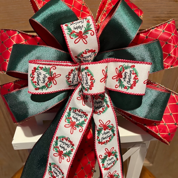 Merry Christmas bow, red and green Christmas bow, Christmas wreath bow, Christmas lantern bow,  Christmas wreath bow, green and red bow
