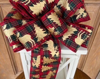 Christmas Plaid and gold Bow, red plaid bow, moose bow,  Gold Christmas wreath bow,  Christmas Lantern bow, Christmas plaid ribbon