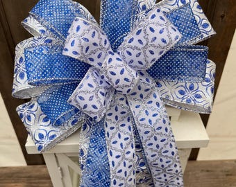 Blue and silver bow, Christmas bow, blue Christmas bow, Hanukkah bow, royal blue wreath bow, blue and silver wreath bow