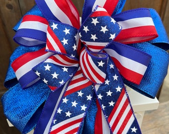 Patriotic Bow, American Flag wreath bow, Memorial Day lantern bow, Stars and Stripes bow, July fourth Bow