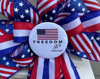 Charlie Kirk bow, Turning Point USA, Charlie Kirk ribbon, Freedom, American flag ribbon with button pin attached, Remember Charlie Kirk