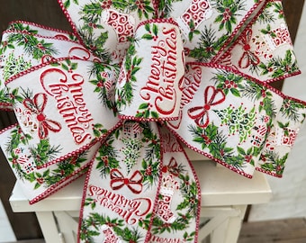 Merry Christmas Tree bow, Holly and berries Christmas bow, Christmas wreath bow, Christmas lantern bow,   Merry Christmas ribbon,