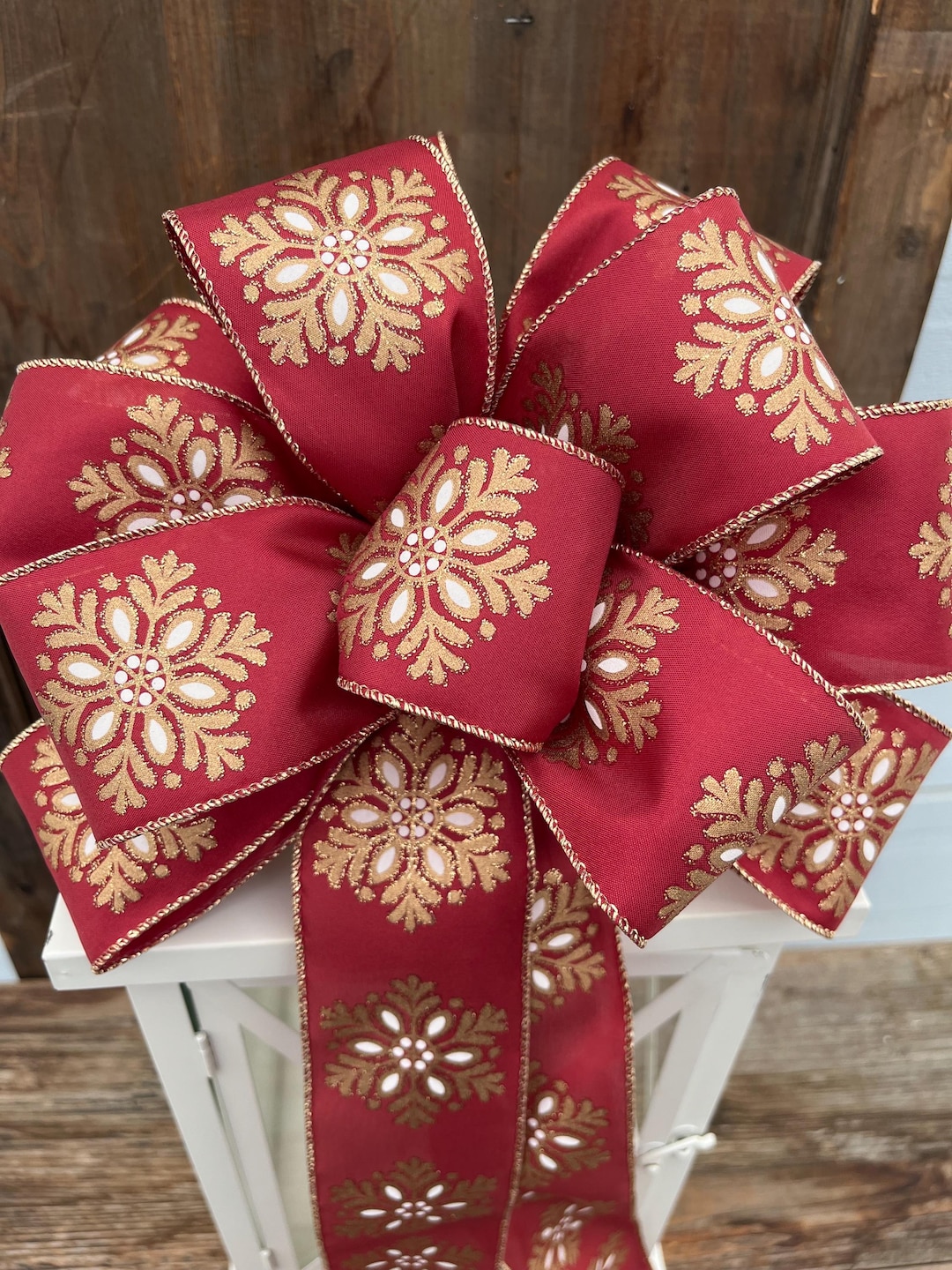 Christmas Bow, Red and Gold Bow, Gold and Red Snowflake Wreath Bow ...