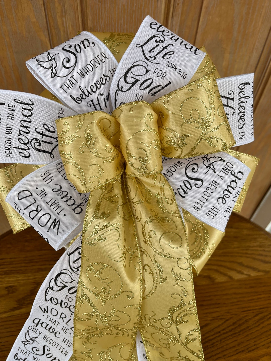 Gold Bow, Religious Bow, John 316 Bow, Christmas Bow, Gods Love Bow
