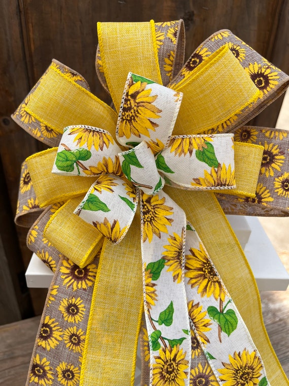 SUNFLOWER WREATH BOW FLORAL BOW SUNFLOWER ON NATURAL RIBBON YELLOW GINGHAM BOW 