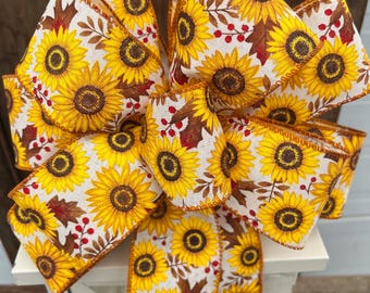 Sunflower bow, fall leaves and sunflowers bow, sunflowers bow, sunflowers wreath bow, sunflowers bow,  fall lantern bow,