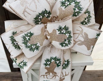 Deer bow, reindeer bow, natural Christmas deer bow, Christmas deer wreath bow, deer lantern bow, gold glitter Christmas bow