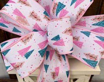 Christmas bow, pink Christmas tree bow, Christmas trees bow, pink and green tree bow, Christmas wreath bow, Lantern bow