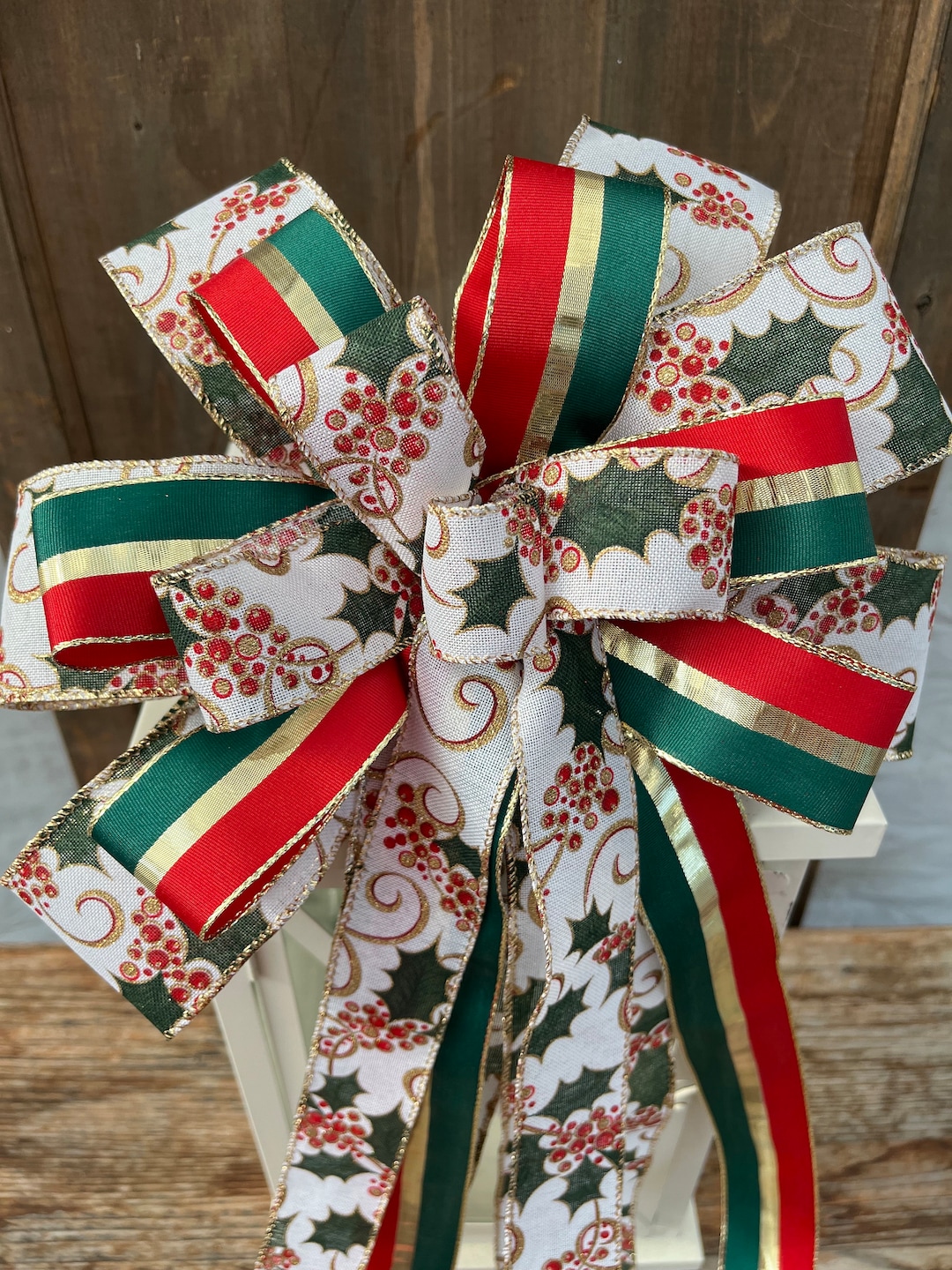 Christmas Holly Bow Christmas Gold Bow Christmas Wreath Bow Etsy