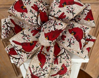 Cardinal bow, Christmas, cardinals bow, winter cardinals wreath bow, cardinals on snowy branches bow, cardinals lantern bow