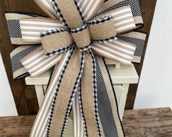 Farmhouse Bow,  buffalo black and white Check bow, everyday neutral wreath bow, rustic lantern bow, natural linen bow, black plaid bow