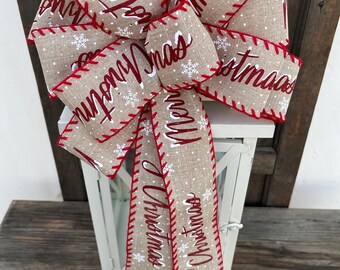 Merry Christmas bow, red and natural Christmas bow, Christmas wreath bow, Christmas lantern bow,  Merry Christmas ribbon