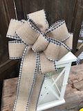 Natural Linen Bow, Linen and buffalo black and white Check bow, Farmhouse bow, everyday wreath bow, rustic lantern bow