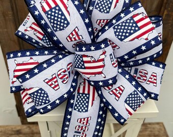 Patriotic Bow, American Flag wreath bow, Memorial Day lantern bow, Stars and Stripes bow, July fourth Bow, USA Bow