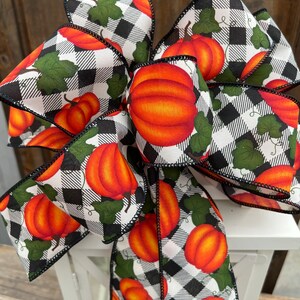 Pumpkins bow, fall bow, buffalo check and pumpkins bow, fall wreath bow, fall lantern bow, buffalo plaid and orange pumpkins bow