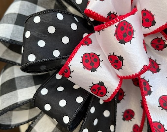 Lady Bug bow, buffalo check lady bug bow, summer wreath bow, summer lantern bow