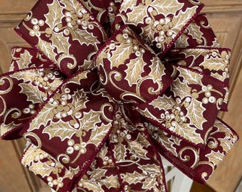Burgundy gold Christmas bow, burgundy and gold Christmas bow, Christmas wreath bow, Christmas lantern bow,  Christmas tree bow, gold bow