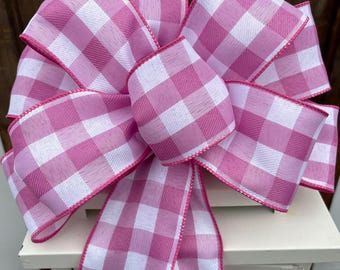 Plaid Wreath Bow, Lantern Bow, pink and white Plaid,  Hand Tied Premium Bow, Wreath Bow,
