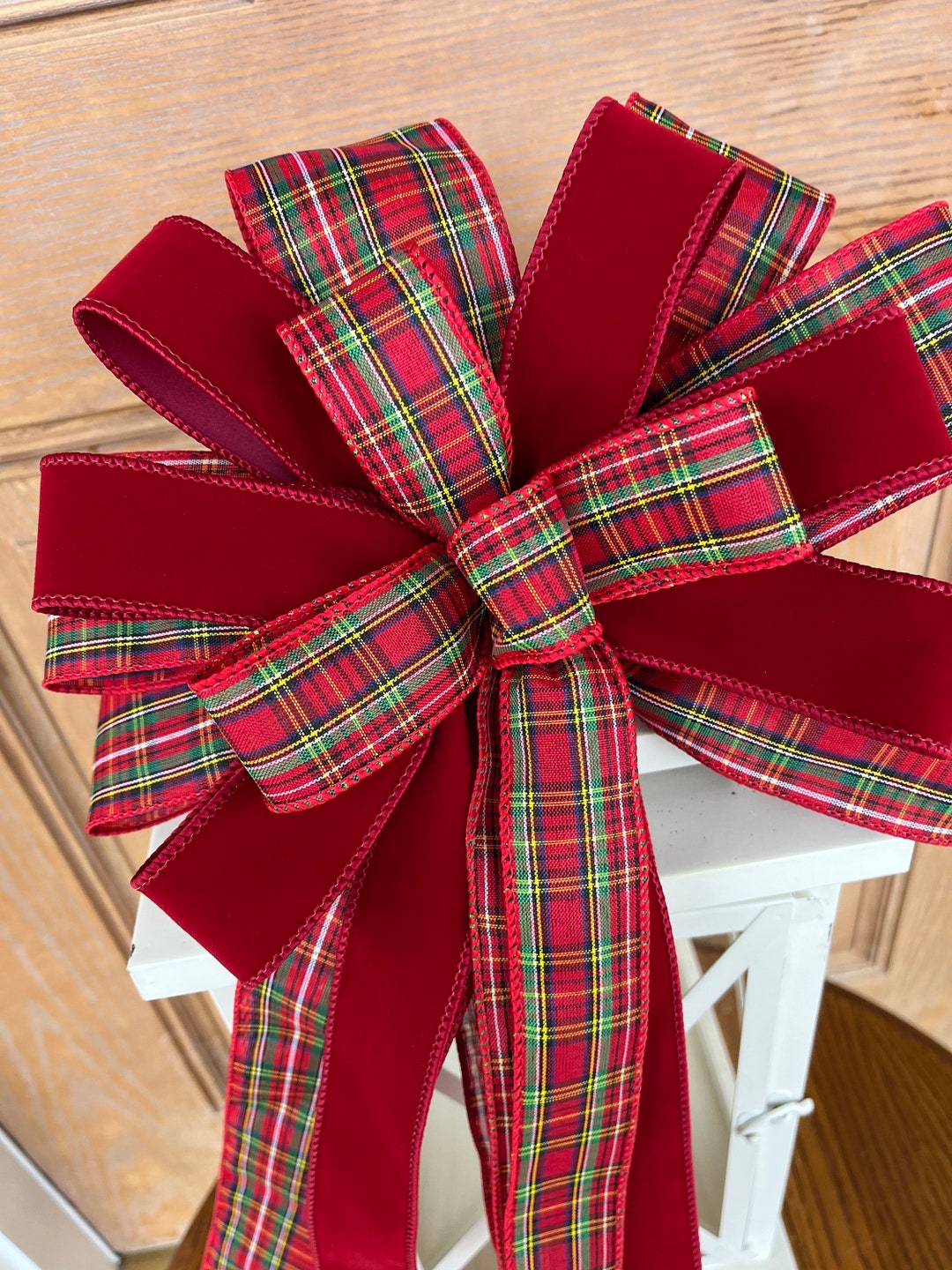 Christmas Bow Red Plaid Christmas Bow Plaid and Velvet Bow Etsy