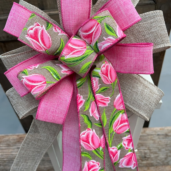 Tulips bow, pink tulips spring bow, spring wreath bow, spring lantern bow, spring flowers bow