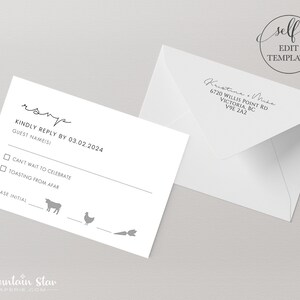 May include: A white RSVP card with a black handwritten RSVP and the text "KINDLY REPLY BY 03.02.2024". The card has two checkboxes with the text "CAN'T WAIT TO CELEBRATE" and "TOASTING FROM AFAR". There is a line for the guest to write their initials and three icons: a cow, a chicken, and a carrot.