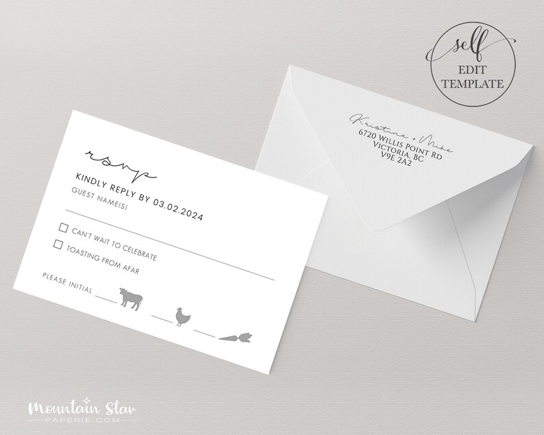 May include: A white RSVP card with a black handwritten RSVP and the text "KINDLY REPLY BY 03.02.2024". The card has two checkboxes with the text "CAN'T WAIT TO CELEBRATE" and "TOASTING FROM AFAR". There is a line for the guest to write their initials and three icons: a cow, a chicken, and a carrot.