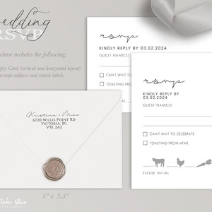 May include: A white RSVP card with a handwritten RSVP in black ink. The card includes a section for guest names, a checkbox for "Can't wait to celebrate" and a checkbox for "Toasting from afar". The card also includes a cow, a chicken, and a carrot graphic. The card measures 12.7 cm by 8.9 cm.