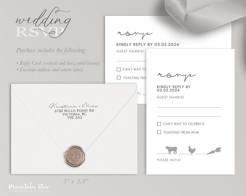 May include: A white RSVP card with a handwritten RSVP in black ink. The card includes a section for guest names, a checkbox for "Can't wait to celebrate" and a checkbox for "Toasting from afar". The card also includes a cow, a chicken, and a carrot graphic. The card measures 12.7 cm by 8.9 cm.