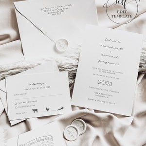 May include: A wedding invitation suite with a white background and black text. The invitation includes the names Felicia Reinhart and Samuel Ferguson, the date Saturday the Eighth of July 2023, the time Three O'Clock in the afternoon, the location 1438 W 32nd Avenue Vancouver BC, and the RSVP information. The RSVP card includes the text "RSVP Kindly Reply by 03.02.2024" and two options for guests to choose from: "Can't wait to celebrate" and "Toasting from afar".