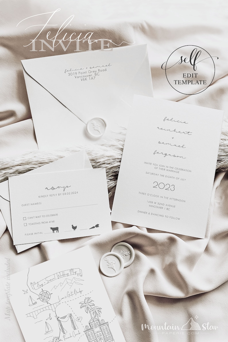 May include: A wedding invitation suite with a white background and black text. The invitation includes the names Felicia Reinhart and Samuel Ferguson, the date Saturday the Eighth of July 2023, the time Three O'Clock in the afternoon, the location 1438 W 32nd Avenue Vancouver BC, and the RSVP information. The RSVP card includes the text "RSVP Kindly Reply by 03.02.2024" and two options for guests to choose from: "Can't wait to celebrate" and "Toasting from afar".