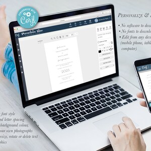 May include: A laptop computer screen displays a wedding invitation template being edited on a website called "Cori.l". The invitation text reads "[Name] and [Name] request the pleasure of your company..." The website allows users to personalise the invitation with their own text, fonts, colours, and images. The text on the screen reads "Personalise & Print" and lists the features of the website, including "No software to download", "No fonts to download", and "Edit from any device (mobile phone, tablet, computer)".