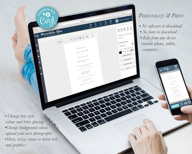 May include: A laptop computer screen displays a wedding invitation template being edited on a website called "Cori.l". The invitation text reads "[Name] and [Name] request the pleasure of your company..." The website allows users to personalise the invitation with their own text, fonts, colours, and images. The text on the screen reads "Personalise & Print" and lists the features of the website, including "No software to download", "No fonts to download", and "Edit from any device (mobile phone, tablet, computer)".