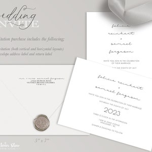 May include: Wedding invitation with a white background and black text. The invitation reads "Felicia Reinhart & Samuel Ferguson" and includes the date "Saturday the Eighth of May 2023". The invitation also includes the time and location of the wedding ceremony and reception.