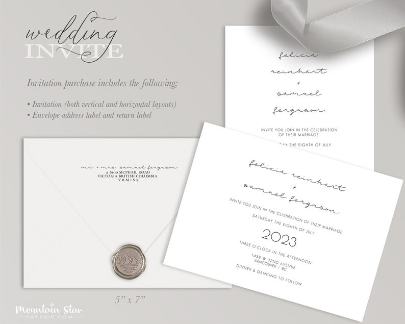 May include: Wedding invitation with a white background and black text. The invitation reads "Felicia Reinhart & Samuel Ferguson" and includes the date "Saturday the Eighth of May 2023". The invitation also includes the time and location of the wedding ceremony and reception.