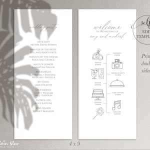 May include: A printable wedding timeline template with a black and white design. The template includes a welcome message, wedding party details, and a timeline of events with icons for each event. The text reads "Welcome to the wedding of Amy and Michael" and "Print double sided!"