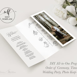 DIY ~ オールインワンゲートフォールドプログラム; 式の順序、タイムラインの旅程、結婚式のパーティーリスト、ゲストと両親へのメッセージ/感謝