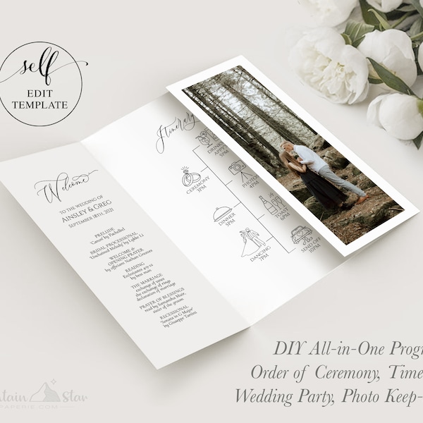 DIY ~ All-in-One Gate Fold Program; Order of Ceremony, Timeline Itinerary, Wedding Party List, Message / Thank you to Guests & Parents