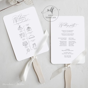 Peut inclure: Deux éventails de mariage blancs avec des manches en bois et des liens en ruban blanc. L'un des éventails présente un graphique de chronologie de mariage, l'autre liste les membres du mariage. Le texte "Welcome to the Wedding of" et "Wedding Party" est visible.