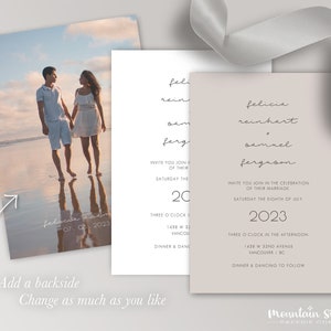 May include: Wedding invitation with a beige background and white text. The invitation reads "Felicia Reinhart & Samuel Ferguson" and includes the date "Saturday the Eighth of July 2023". The invitation also includes the time and location of the wedding ceremony and reception.
