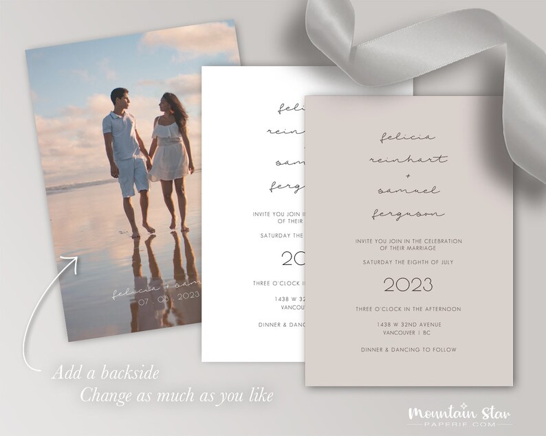 May include: Wedding invitation with a beige background and white text. The invitation reads "Felicia Reinhart & Samuel Ferguson" and includes the date "Saturday the Eighth of July 2023". The invitation also includes the time and location of the wedding ceremony and reception.