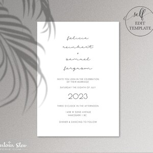 May include: A minimalist wedding invitation with a white background and black text. The invitation reads "felicia reinhart + samuel ferguson invite you join in the celebration of their marriage saturday the eighth of july 2023 three o'clock in the afternoon 1438 W 32nd Avenue Vancouver BC dinner & dancing to follow"