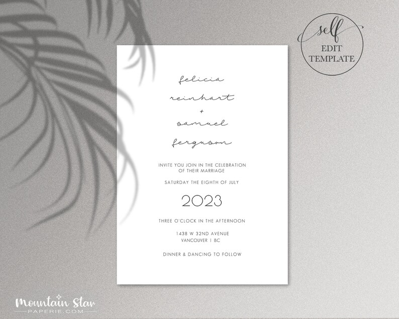 May include: A minimalist wedding invitation with a white background and black text. The invitation reads "felicia reinhart + samuel ferguson invite you join in the celebration of their marriage saturday the eighth of july 2023 three o'clock in the afternoon 1438 W 32nd Avenue Vancouver BC dinner & dancing to follow"