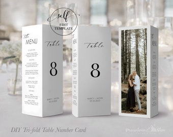 DIY Tri-Fold Table Number Cards, Newlyweds Photo Card, Free Standing Menu Cards (Prints 8.5 x 11&quot; then fold)