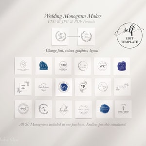 May include: A set of 20 customisable wedding monogram templates in PNG, JPG, and PDF formats. The templates feature various designs with floral elements, initials, and watercolour accents. The text "self EDIT TEMPLATE" is visible in the top right corner.