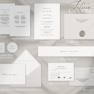 May include: A wedding stationery set with a white background and black text. The set includes an invitation, RSVP card, details card, information card, belly band, envelope liner, thank you card, and monogram sticker. The invitation features the couple's names, wedding date, and location. The RSVP card includes a checkbox for guests to indicate their attendance. The details card provides information about the ceremony and reception. The information card includes a welcome message from the couple. The belly band features the couple's names. The envelope liner is a simple white design. The thank you card features the text "thank you". The monogram sticker features the couple's initials.