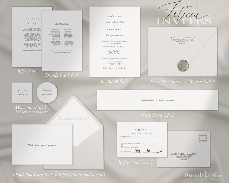 May include: A wedding stationery set with a white background and black text. The set includes an invitation, RSVP card, details card, information card, belly band, envelope liner, thank you card, and monogram sticker. The invitation features the couple's names, wedding date, and location. The RSVP card includes a checkbox for guests to indicate their attendance. The details card provides information about the ceremony and reception. The information card includes a welcome message from the couple. The belly band features the couple's names. The envelope liner is a simple white design. The thank you card features the text "thank you". The monogram sticker features the couple's initials.