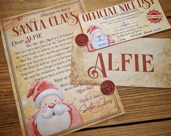 May include: A red and white Santa Claus letter with a wax seal and a cartoon image of Santa Claus. The letter is addressed to Alfie and says "Ho Ho Ho Merry Christmas!" The letter is accompanied by a certificate of good behavior for Alfie, signed by Santa Claus.